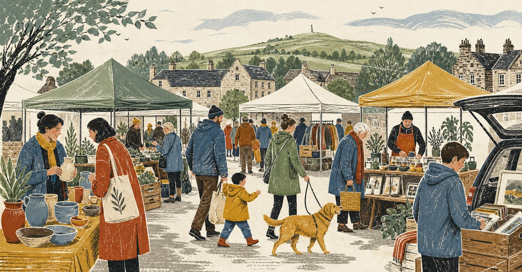Illustration of neighbours browsing outdoor market and car-boot stalls in Bathgate.