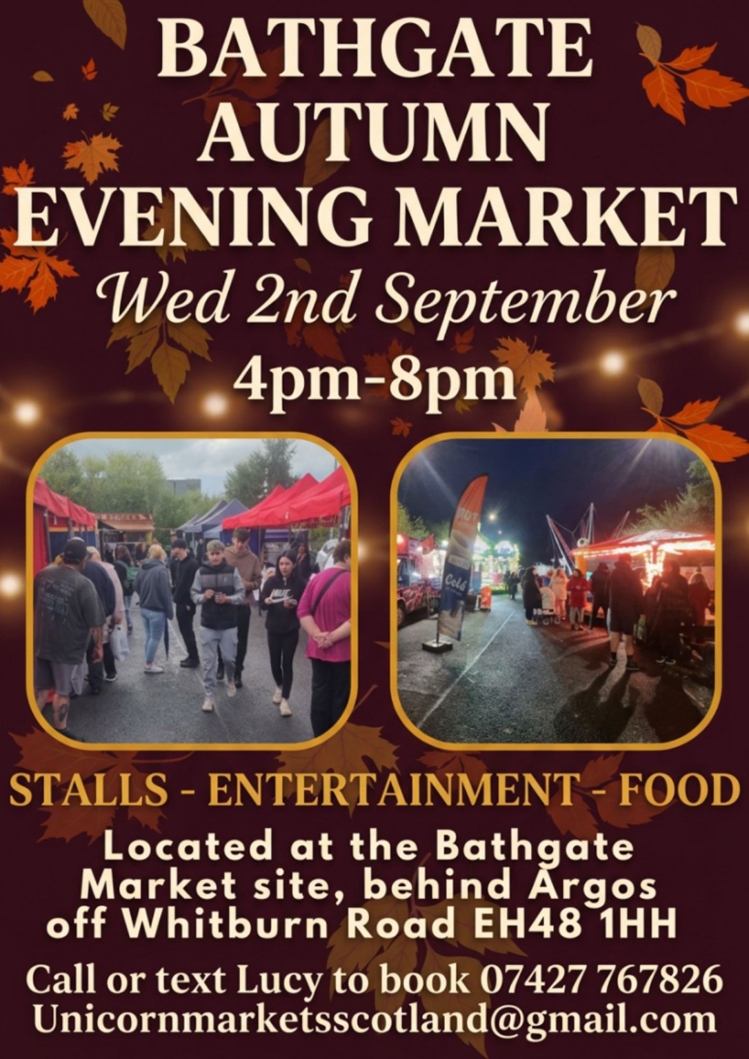 Bathgate Autumn Evening Market poster for Wednesday 2 September, 4–8 pm.